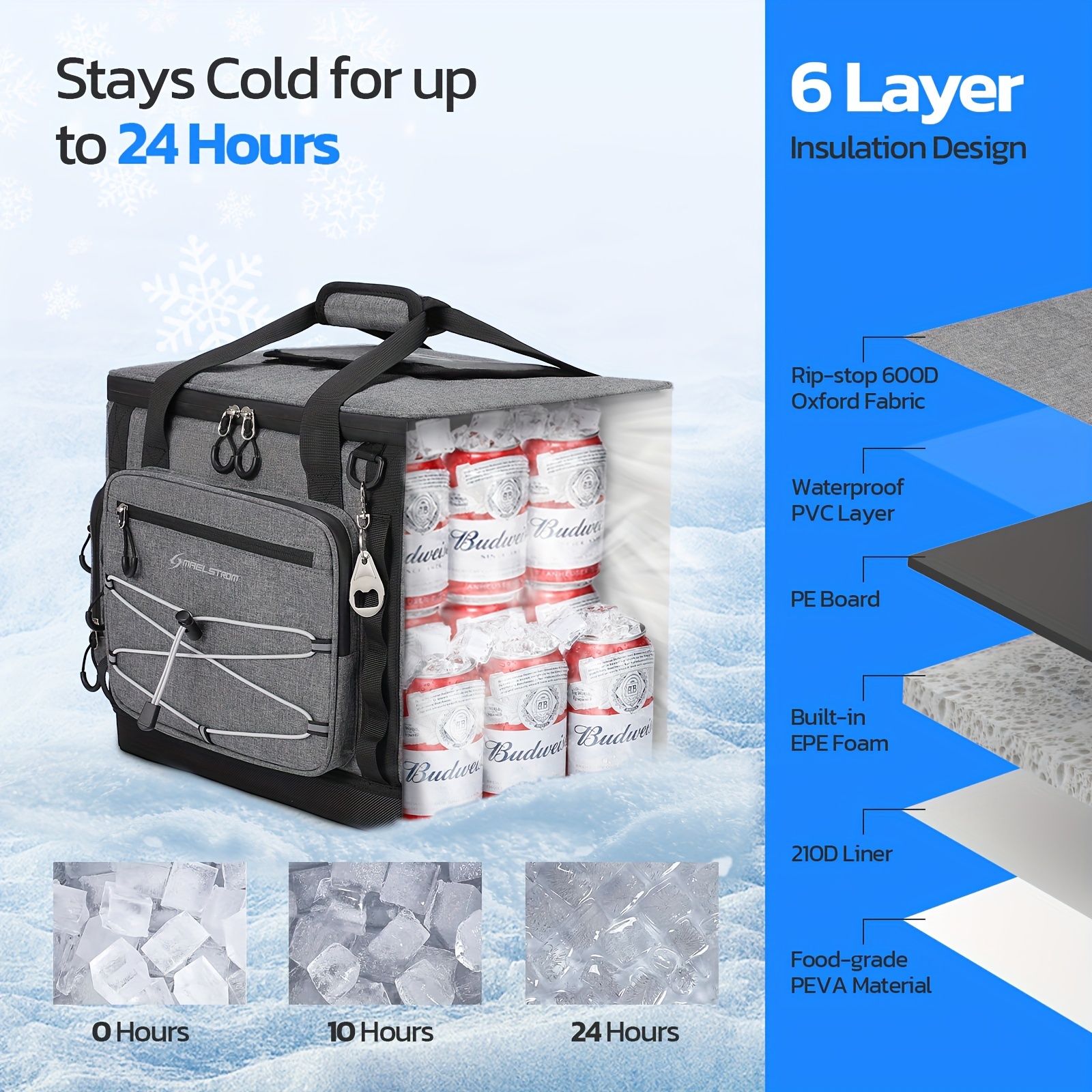 Maelstrom 58 Can Insulated Cooler Bag with Hard-Bottom, Wheels & Multiple Compartments - Durable Gray PVC Construction, Ergonomic Handles & Shoulder Straps for Camping, Tailgating, Outdoor Adventures