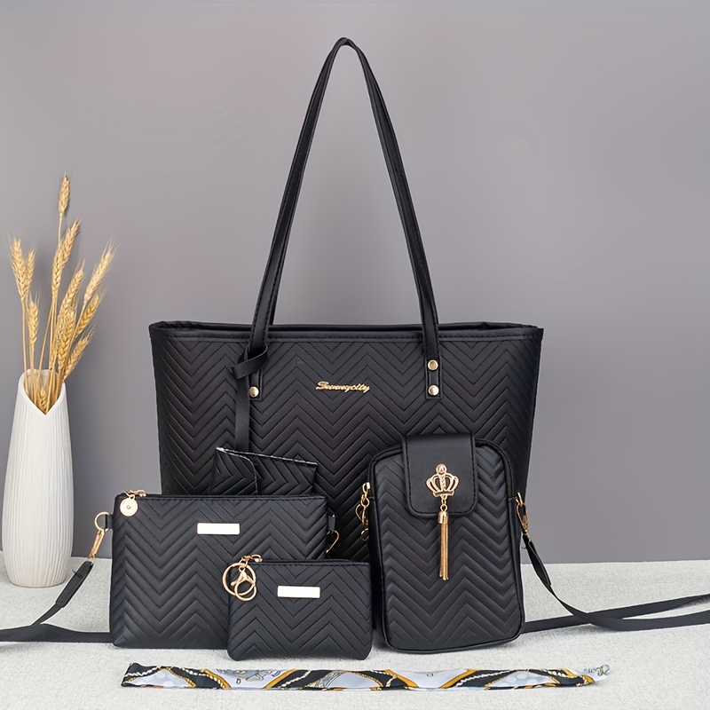 TEMU Ensemble de 5 pièces : Sac fourre-tout décontracté tendance à grand volume avec gaufrage , Sac bandoulière tendance avec accent de quincaillerie
