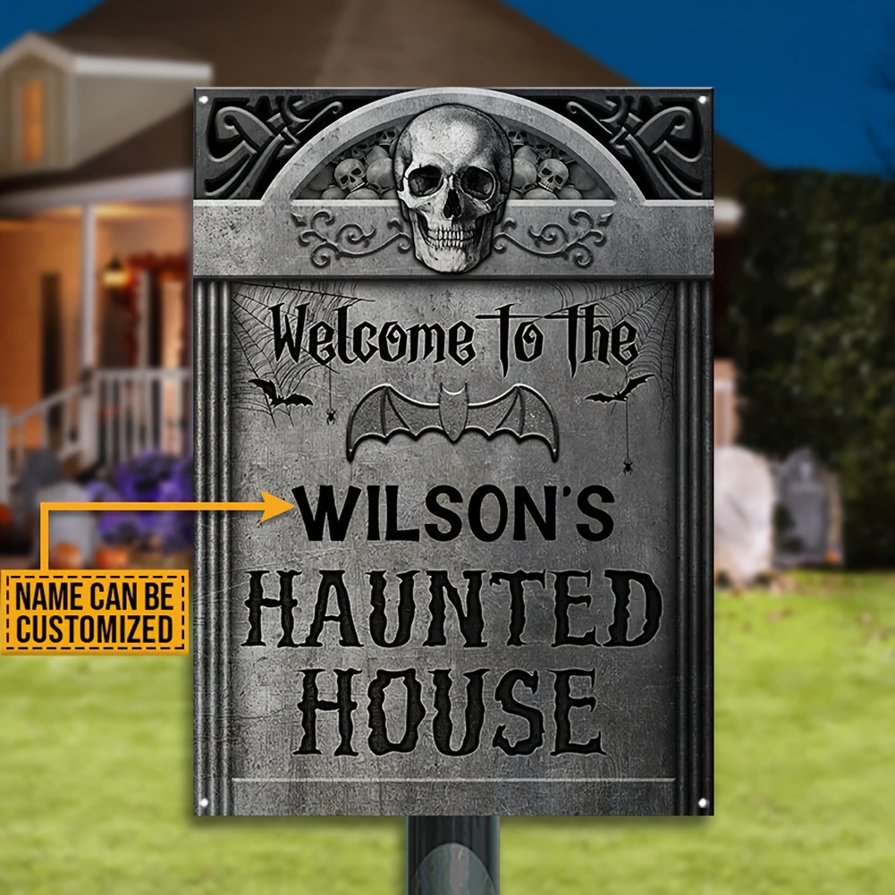 

Customizable Iron Haunted House Yard Sign, Classic Metal Welcome Outdoor Decoration, Multipurpose With Various Installation Options, English Text - Themed Decor