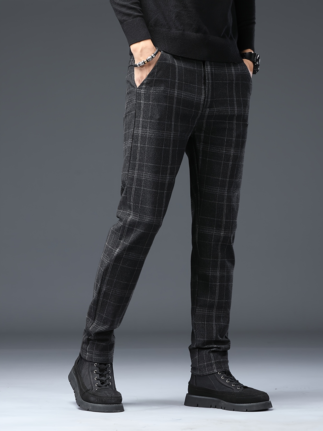 mens   fit straight leg plaid pants brushed stretchy comfortable stylish new   for autumn and winter Product details 4