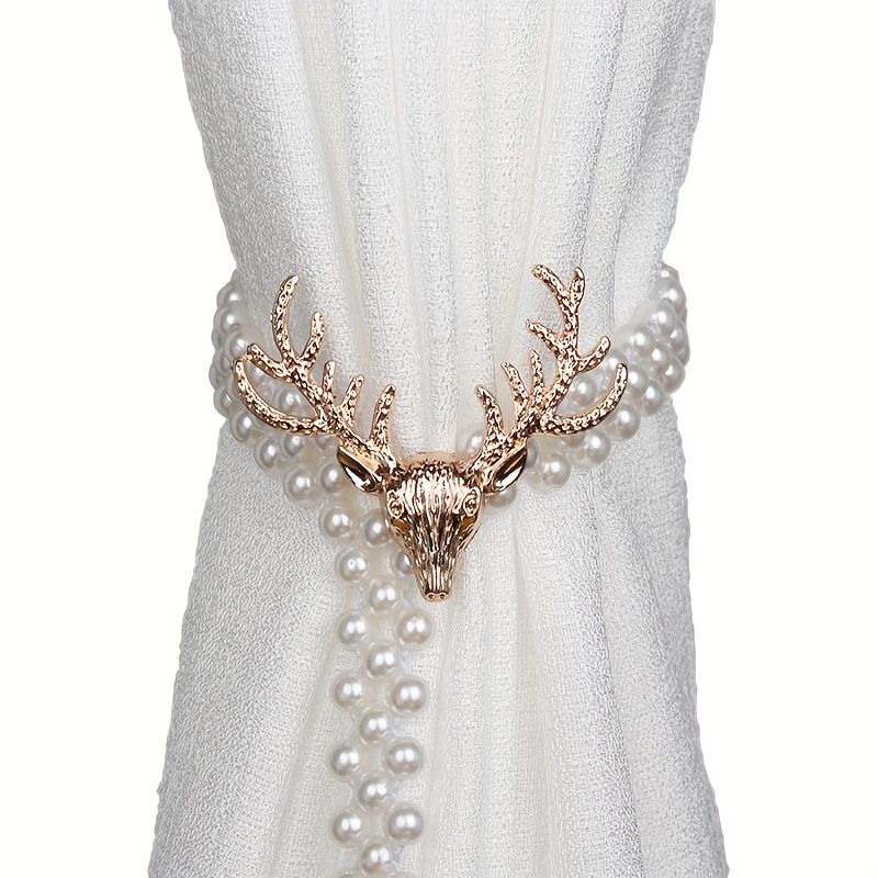 

A Pair Of Golden Curtain Tiebacks Featuring Deer And Artificial Pearl Decorations, Luxurious And Adjustable, Used To Curtains In Bedrooms, Living Rooms, And Home Decor.