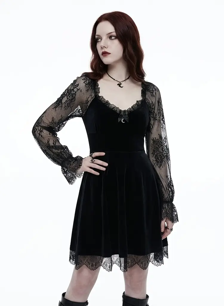 black lace halloween dress Black Lace Goth Maxi Dress, Cold Shoulder Sleeves, Halloween Costume