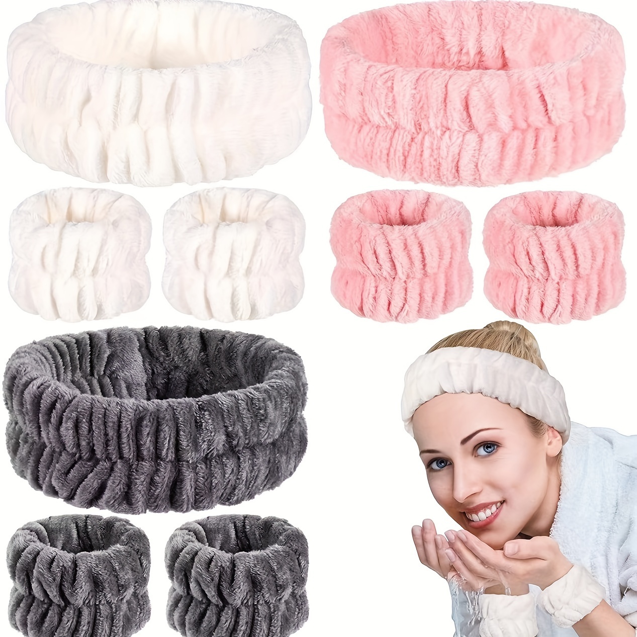 

3pcs/set Bath Headband Wristband Set, Microfiber Wrist Wash Towel Band, Wristbands For Washing Face Makeup, Absorbent Sweatband For Women, Prevent Liquid From Spilling Wet Your Arms