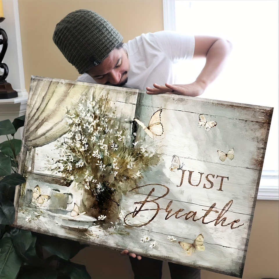 

1pc Just Breathe Framed Canvas Painting - Wall Art Print For Living Room & Bedroom - Home Decor & Festival Gift - Ready To Hang