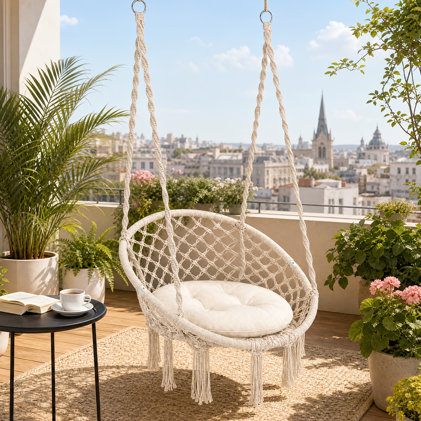 Image of Salcar Hanging Chair With Cushion, Breathable Mesh Backrest, Durable 22mm , Supports Up To 150kg, Indoor And Outdoor Use, Includes Mounting Chain, Boho Style