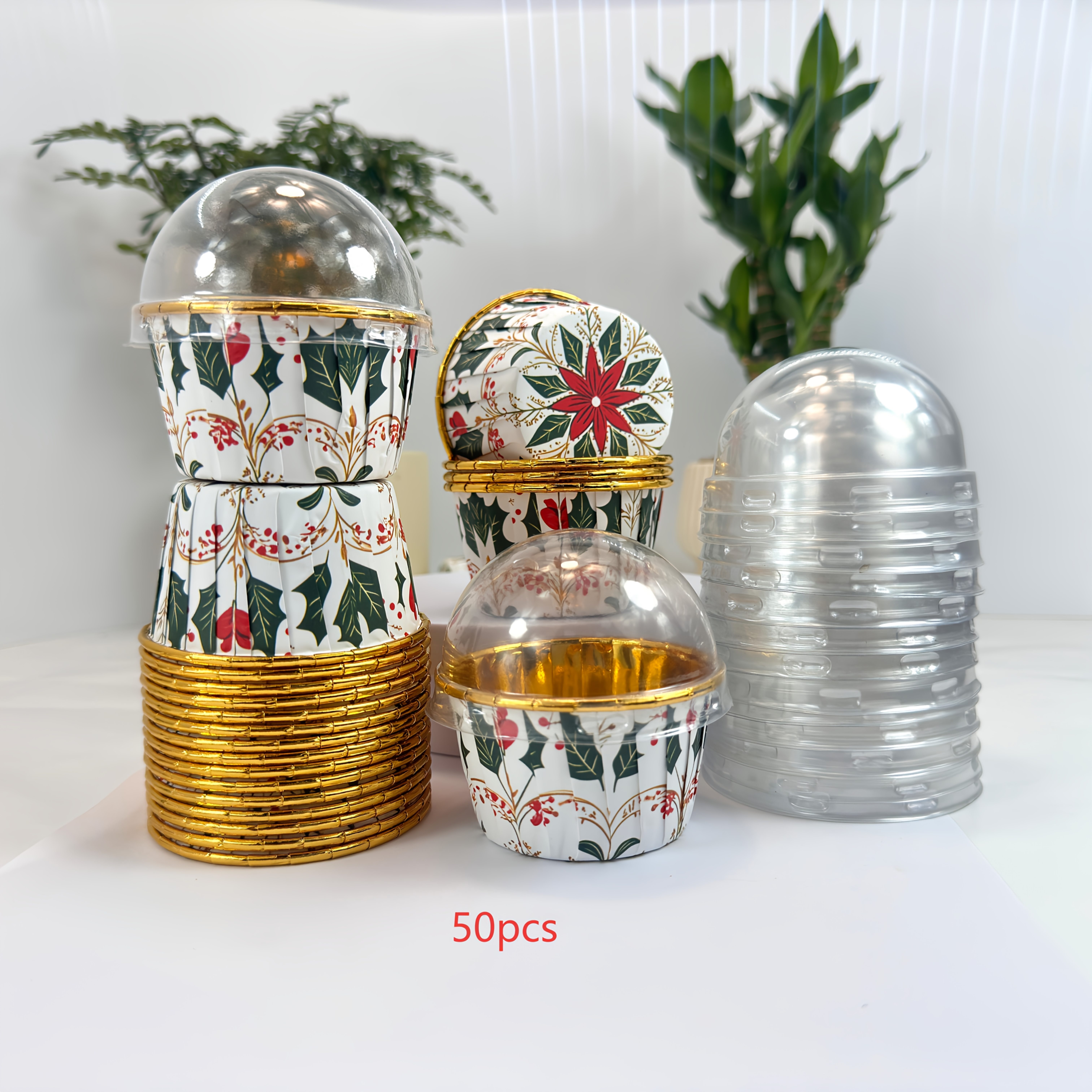 50pcs Christmas Cupcake Baking Cups - 4 New Festive Designs (poinsettia Star, Holly Garland, Festive Bloom, Snowflake Mandala), Lids - Holiday Muffin Wrappers For Xmas Party, Wedding, Dessert Display