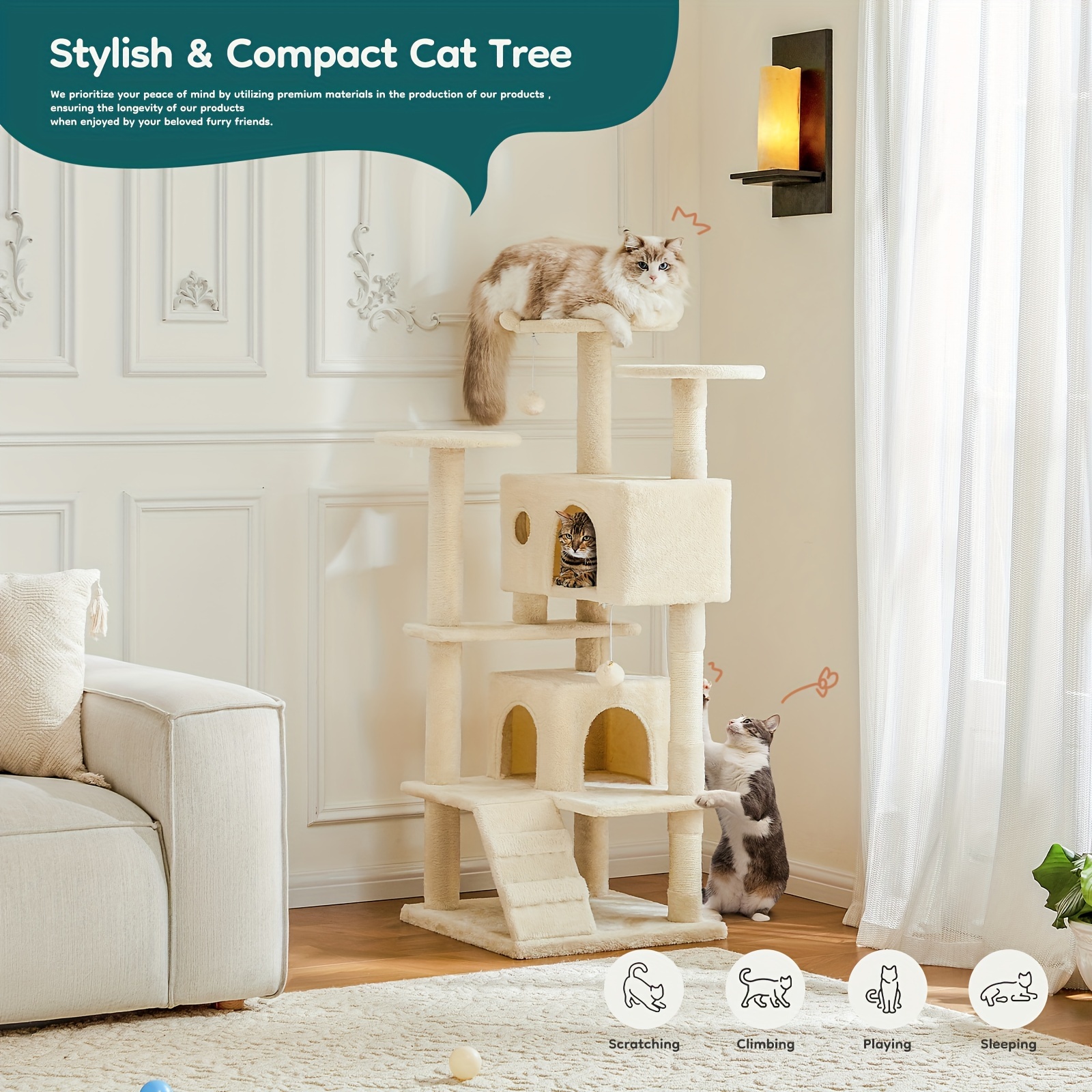 

Cat Tree, Indoor Cats Tall Multi-level Tower, Natural Sisal Scratching Post, Climbing Ladder, House With Large Condo, Wall Mount, Beige