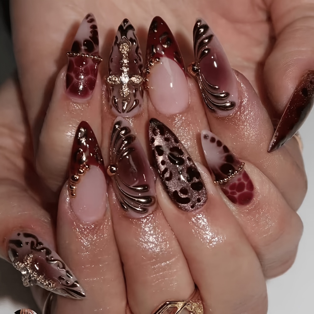 Image of 24pcs Short Almond Wine Red And Nude -block False Nails With Print And Cross Set, Suitable For Women For Daily Wear And Summer, And For Home Or Office Use.