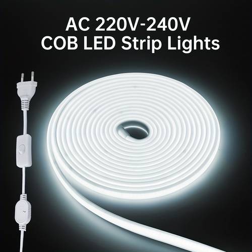cob led streifen lichter, für ac 220v-240v, flexible außenbeleuchtung, mit 288 leds . dieses selbstklebende led-band bietet hohe helligkeit in weiß oder warmweiß, ideal zur dekoration von küchen, gärten und innenräumen.
