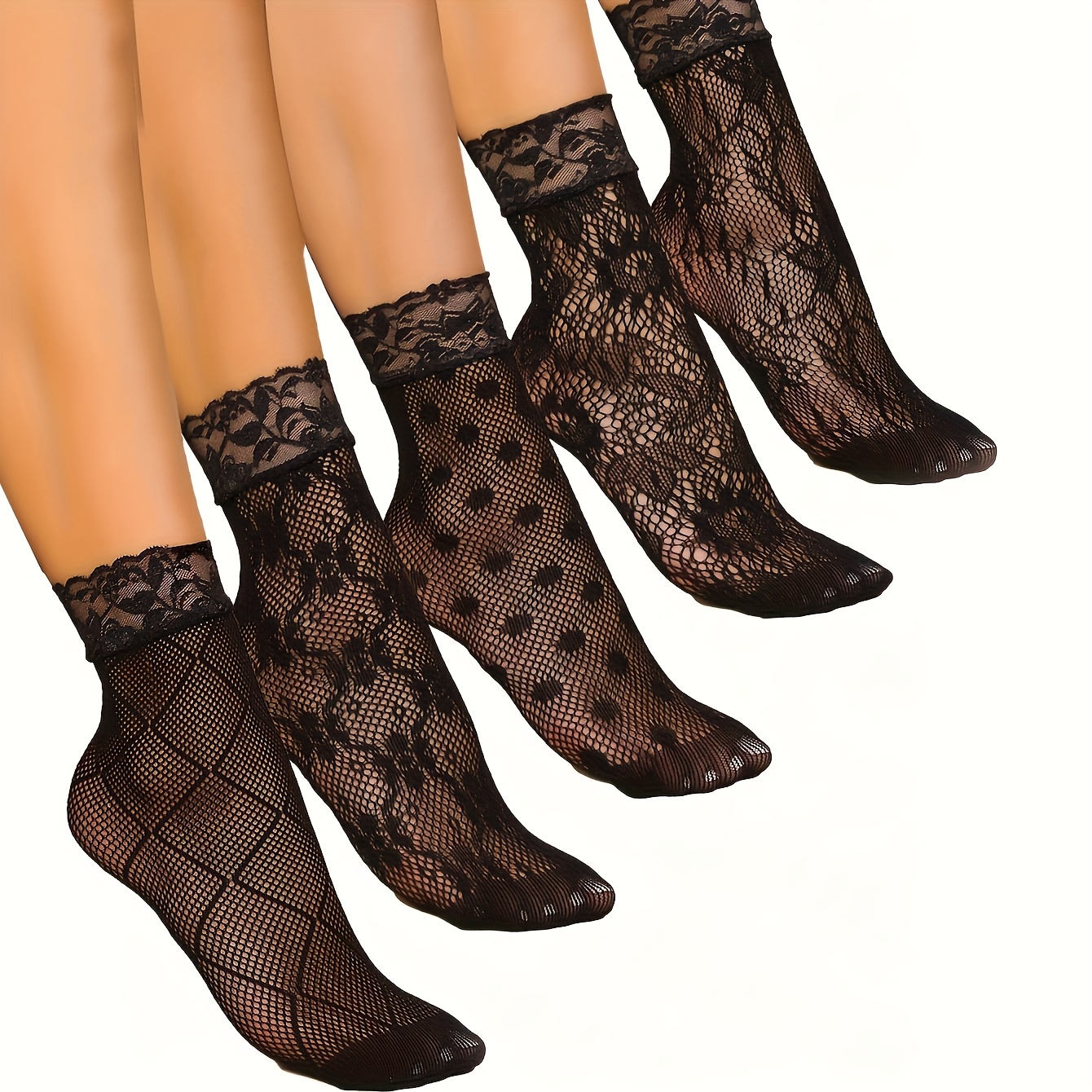 TEMU 5 Pairs Of Women's Socks, Lace Panel Calf Socks