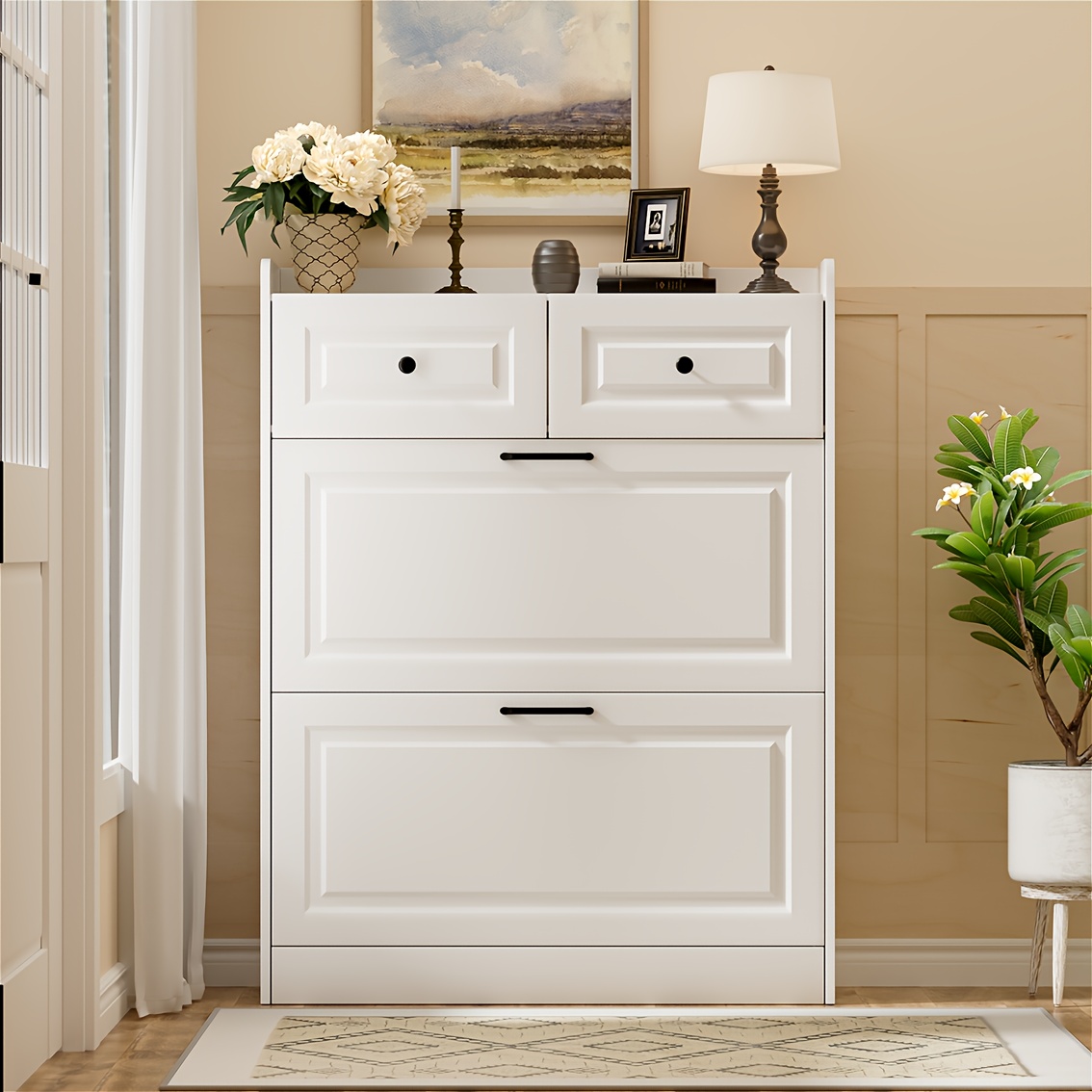Image of Modern Narrow Shoe Cabinet With 2 Flap Doors & 2 Drawers - Wide Shoe Storage Shelf Suitable For Hallway, Entryway, Small Spaces, Space- -standing Shoe Rack With , Wood, Assembly (white)