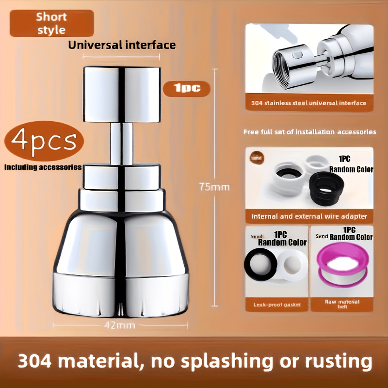 Image of 4pcs-304 Stainless Steel Three-mode Faucet Sprinkler | 360° Rotating Water Aerator (atomization/jet/water ) | Kitchen Sink Additions - With Clamping Valve, No Electricity Required