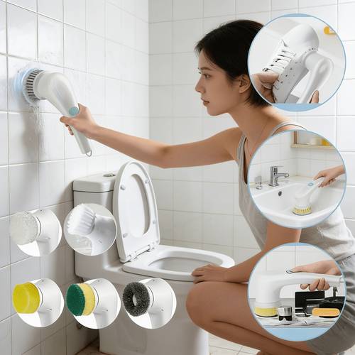 electric cleaning brush with 5 interchangeable brush heads handles bathroom tiles sinks shoes kitchen grease and more control powerful scrubbing hands free deep cleaning
