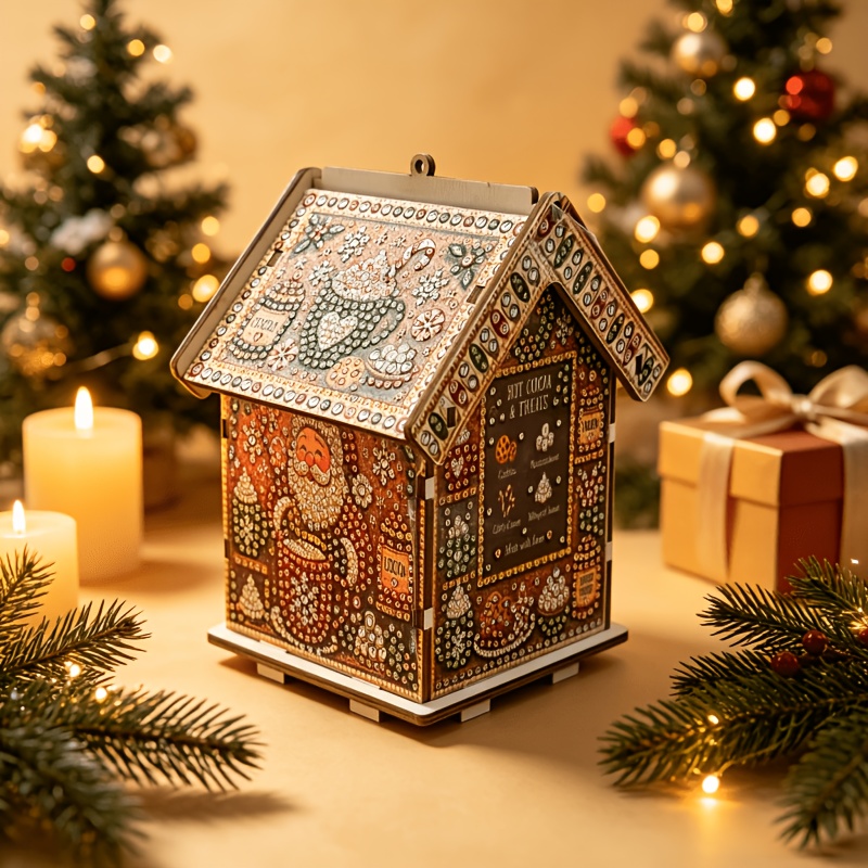 TEMU Kit de Maison en Bois avec Peinture Perle 3D, Ensemble de Peinture Perle Maison de Père Noël et Chocolat Chaud, Décoration de Table de Fête,