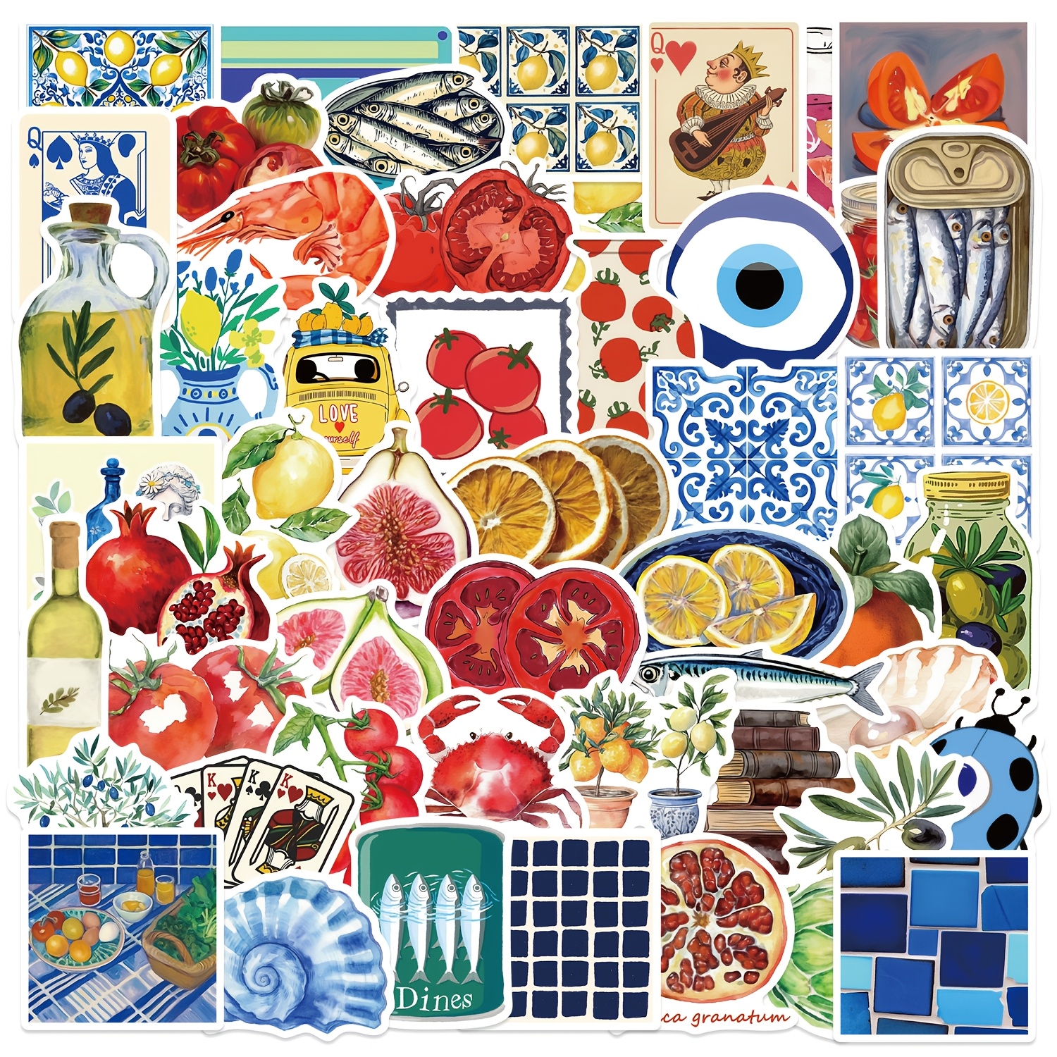 Image of 50pcs Vibrant Mediterranean Tomato & Italian-themed Vinyl Stickers - Colorful, Cartoonish Decals For Scrapbooking, Laptops, Water Bottles, Cars | Paper Material With English Text