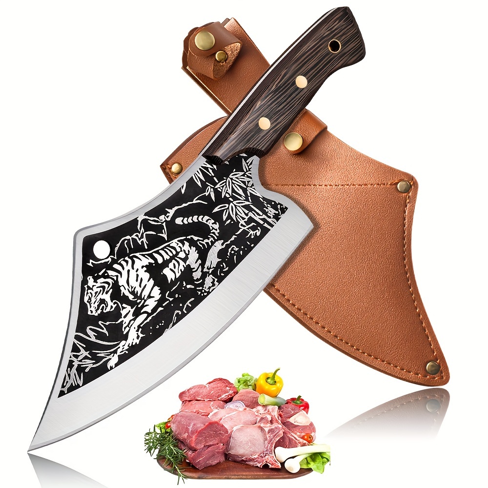 

Meat Cleaver Knives With Sheath - 8'' Hand Forged Butcher Knife With Tiger Style - Heavy Duty Chopping Knife - Rival To Damascus Cleaver Knife For Home, Restaurant