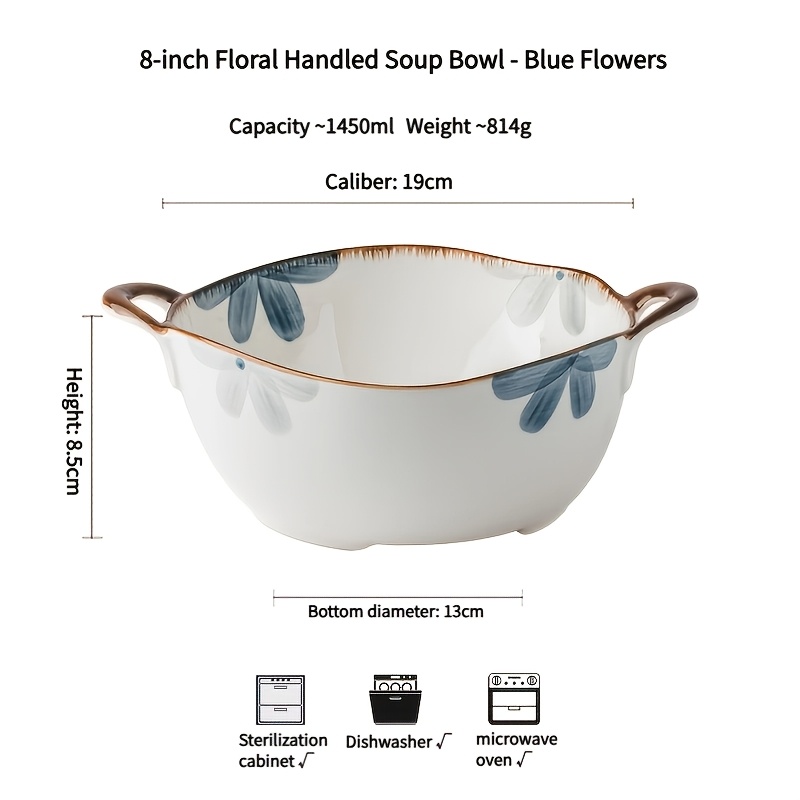 Image of 1pc Floral Double-handle Soup Bowl, 8 Inch Heat-resistant Hand-painted Ceramic Dish, Japanese Rustic Noodle Bowl, Restaurant-style Aesthetic Serving Pot