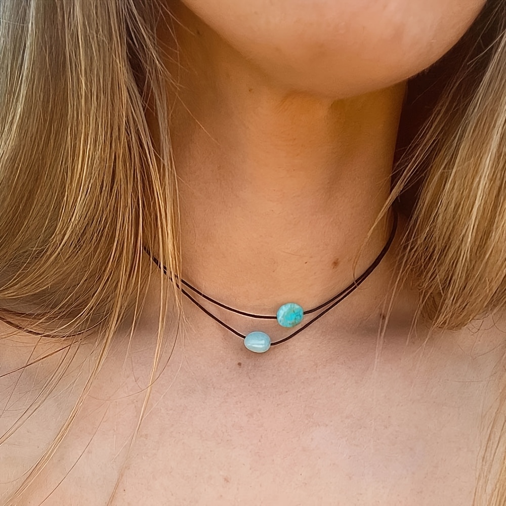 Image of Natural Stone Double Layer Stone Necklace, Handmade Black Adjustable Cord Choker Necklace,bohemian Style Everyday Necklace For Her,multiple Styles