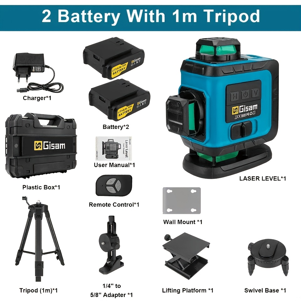 Image of 4d 16 Lines Laser Automatic Leveling, 4x360° Green Cross Line Laser Level Tool, 4d Laser Level With 2 Rechargeable Batteries, Suitable For Home Renovation, Tile Laying, Construction