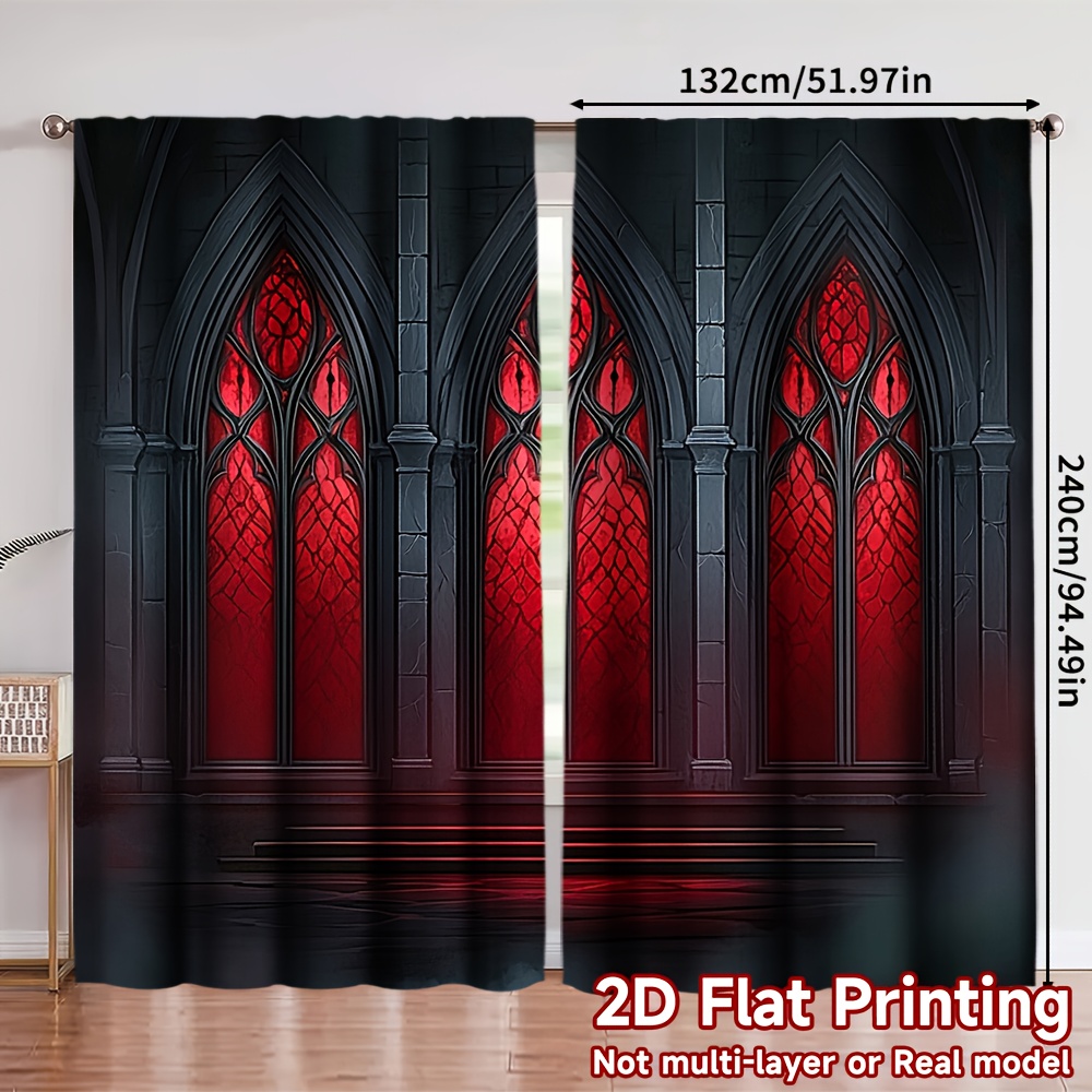 TEMU 2d Flat, 2pcs, 2d Flat Printing Halloween Atmosphere Curtains, Gothic Vampire Castle, Polyester, Perfect For Bedroom, Living Room, Office,