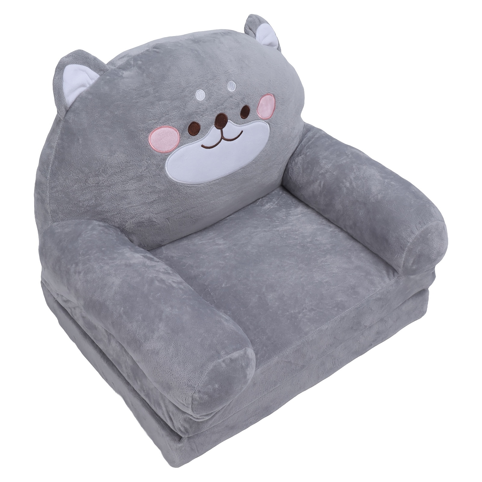 Cozy Kid Folding Sofa, Plush, Washable Lounge Chair for Playroom & Nursery, Gray Dog Style Foldable Wide Handle Soft Breathable Toddler Chair for Reading Relaxing Sleeping(2 Layers)