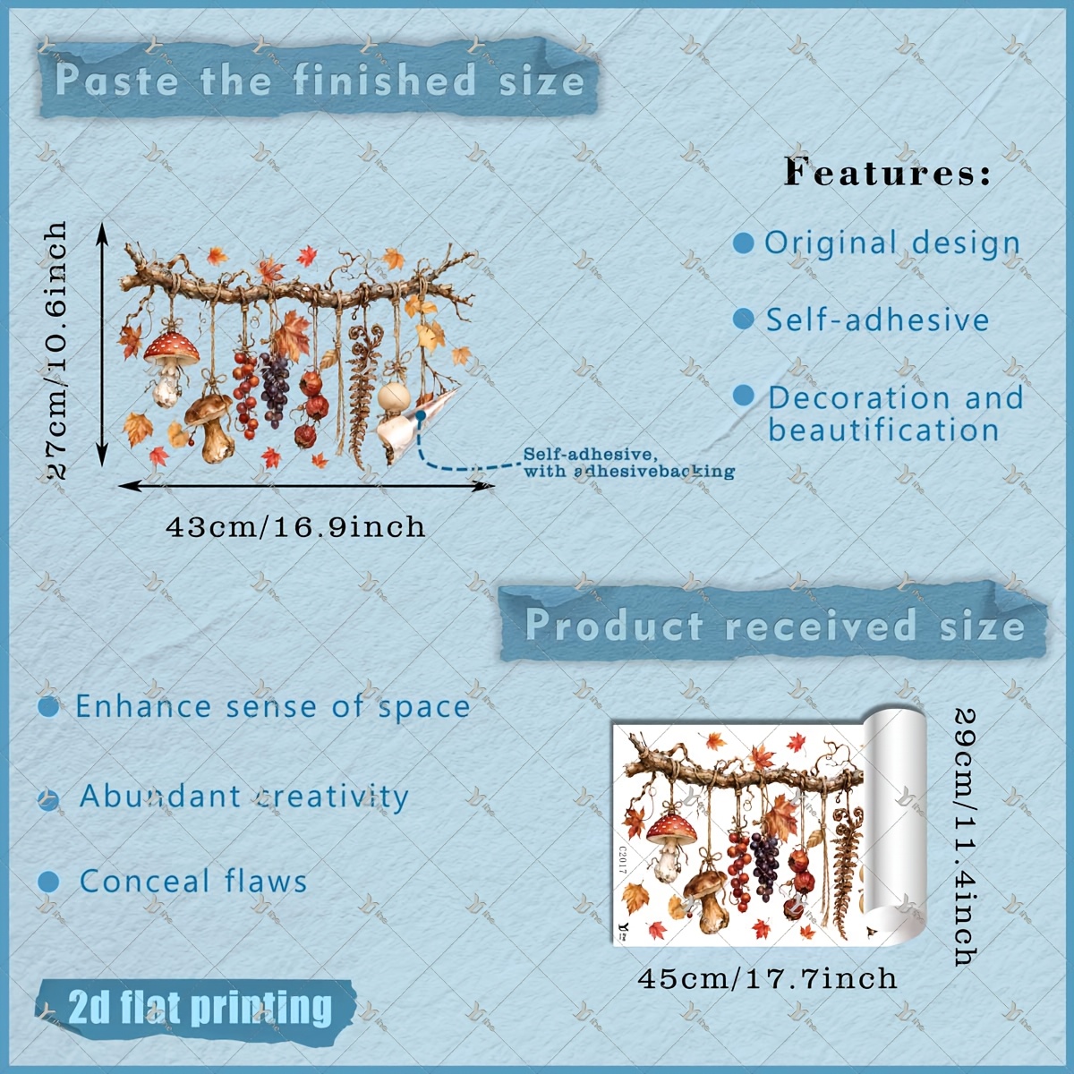 TEMU 2d Flat - 1pc 2d Flat Printed Autumn 29 X 45cm Window Sticker With Vines, Branches, Mushrooms, Berries And , Creative Self-adhesive Removable