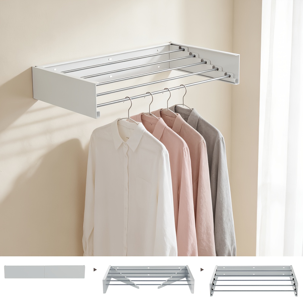 TEMU Foldable Wall Mounted Clothes And Towel Drying Rack With 5 Aluminum Tube Hooks, Heavy-duty Space Saving Storage Rack, Suitable For Balcony,