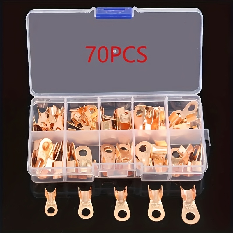 Image of 70pcs Copper Wire Lug Connectors Kit, Cable Electrical Crimp Terminal Connectors, Heavy-duty Open Crimp Ring Connectors For Secure Wire Connections, Uncharged, No Battery Required, 0-36v