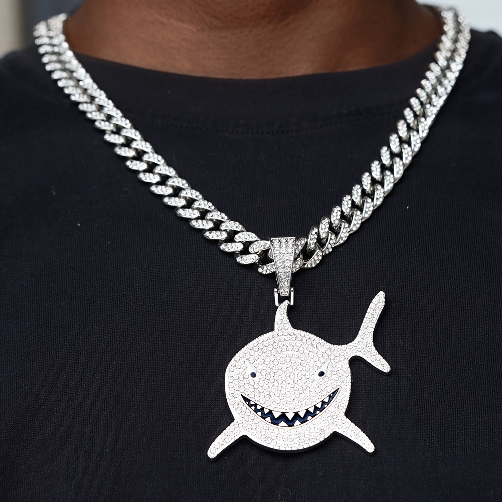 

1 Piece Shiny Big Shark Pendant With Ice Cuban Chain Hip Hop Charm Choker Necklace For Men And Women