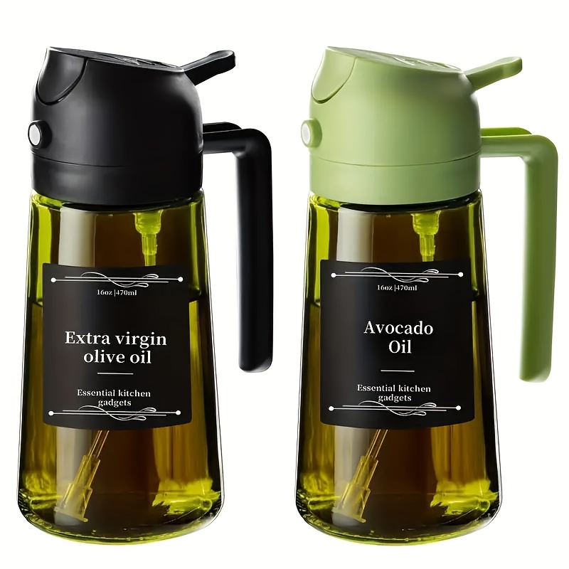 TEMU This Is A 2-in-1 Olive Oil Dispenser And Cooking Sprayer Made Of Premium Dark Green Glass, Holding 16oz. It Comes With 6 Stickers And Is An Gadget For Bbqs, Rvs, And Cooking