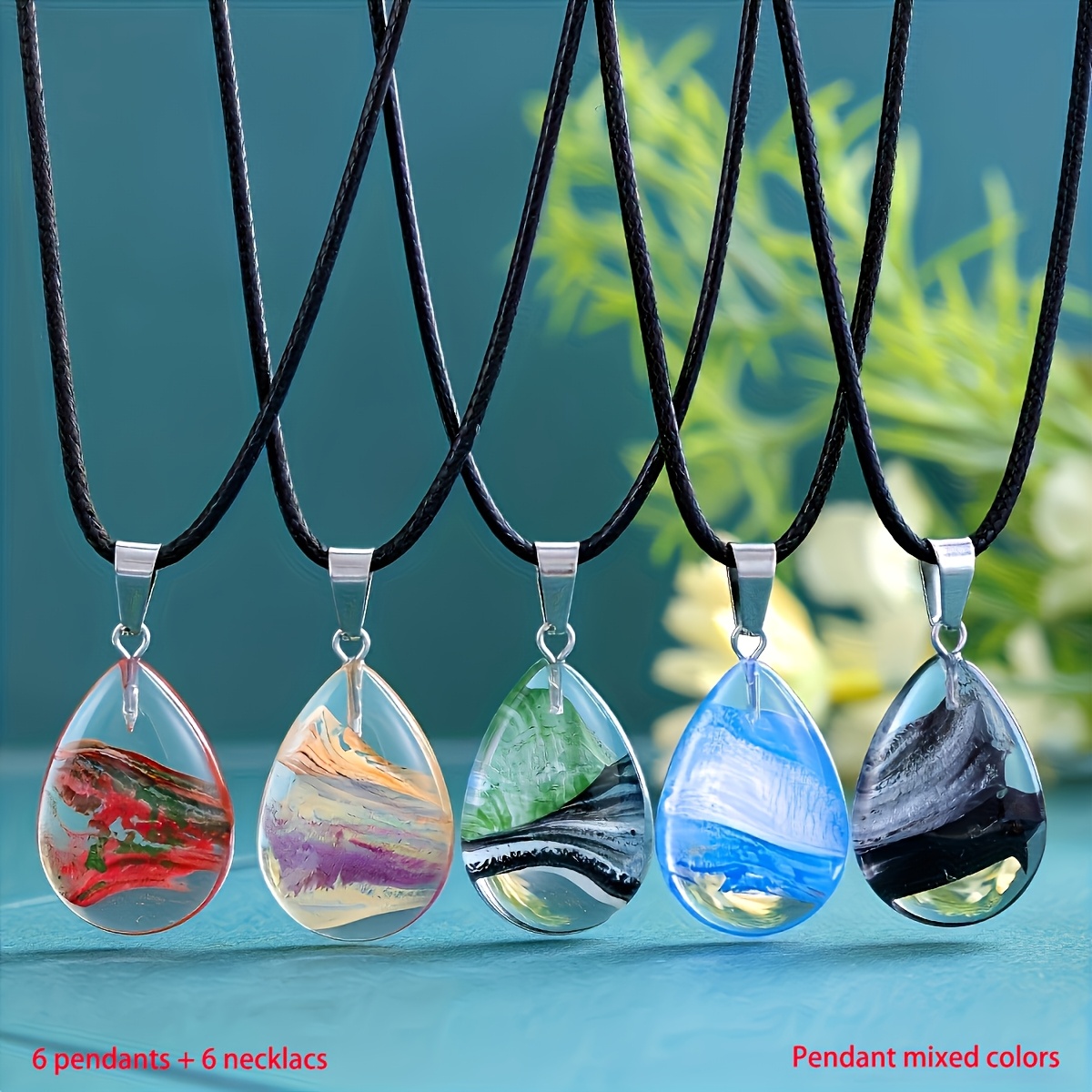 TEMU 6pcs -flower Glazed Teardrop Crystal Pendant Necklace, Chakra Teardrop Pendant Necklace With Black Cord, Suitable For Diy Necklace Jewelry