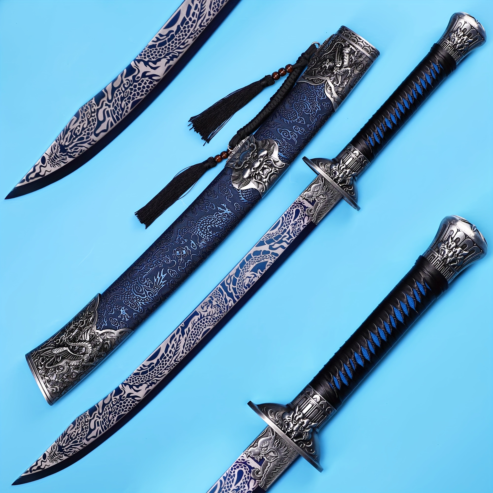 Handcrafted Chinese Samurai Sword - 1095 High Carbon Steel, Full Tang, Dragon &amp; Tiger Head Design with Blue/Black Floral Patterns, Wooden Handle, Ideal for Halloween, Christmas, Valentine&#39;s Day Costumes &amp; Decorations