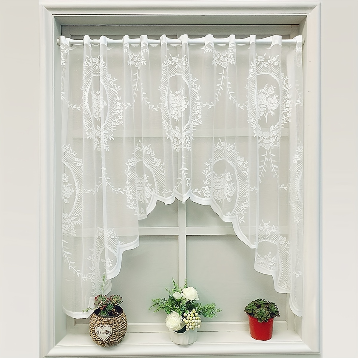 1pc Curtains, White Coffee Curtains, Rod Pocket Floral Pattern Valance, Sheer Half Curtains For Living Room Bedroom Kitchen, Window Door Decoration
