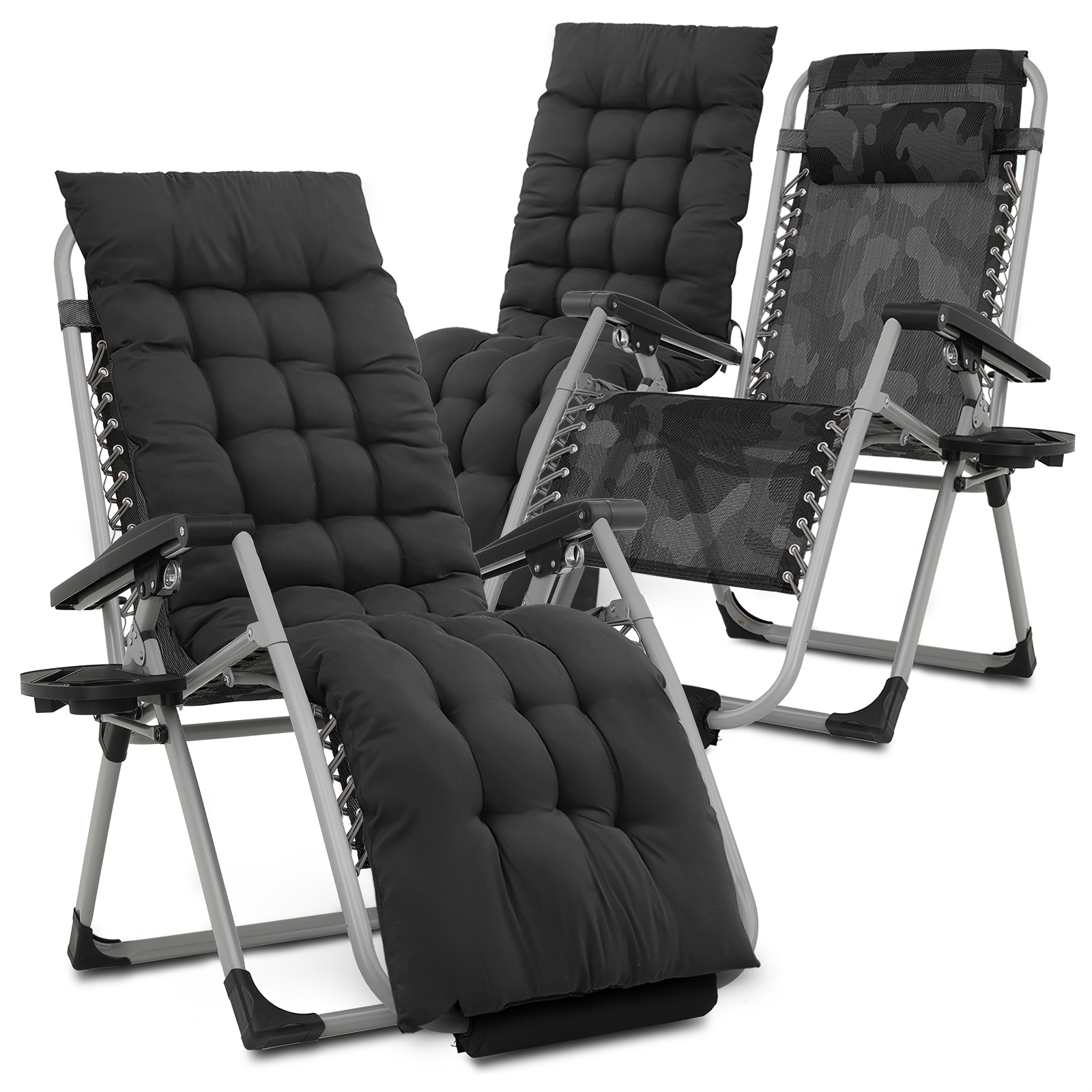 TEMU Monibloom 0 Gravity Lounge Chairs Set Of 2 With Cushion, Padded Patio Anti Gravity Recliner, Foldable Outdoor Lounger With Cup Holder Tray, Headrest And Footrest For Beach Camping