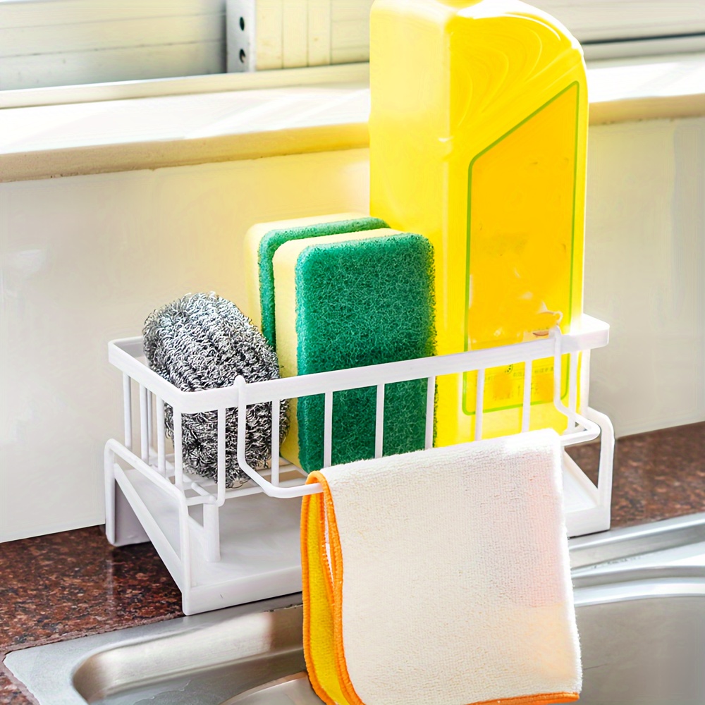 1  functional plastic sink caddy organizer no drill storage rack for sponges soap brushes towels scrubbers space saving bathroom and kitchen accessory holder details 5