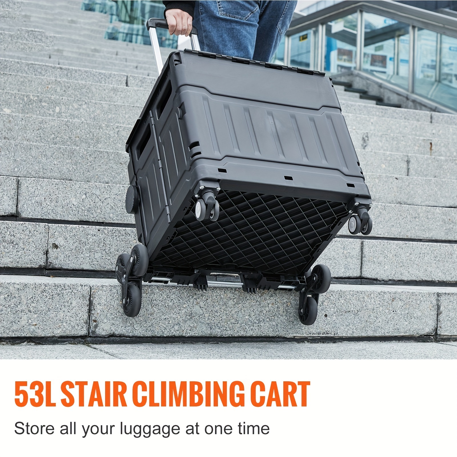 

Stair Climbing Cart 53l Foldable Shopping Cart W/ Lid & Adjustable Handle