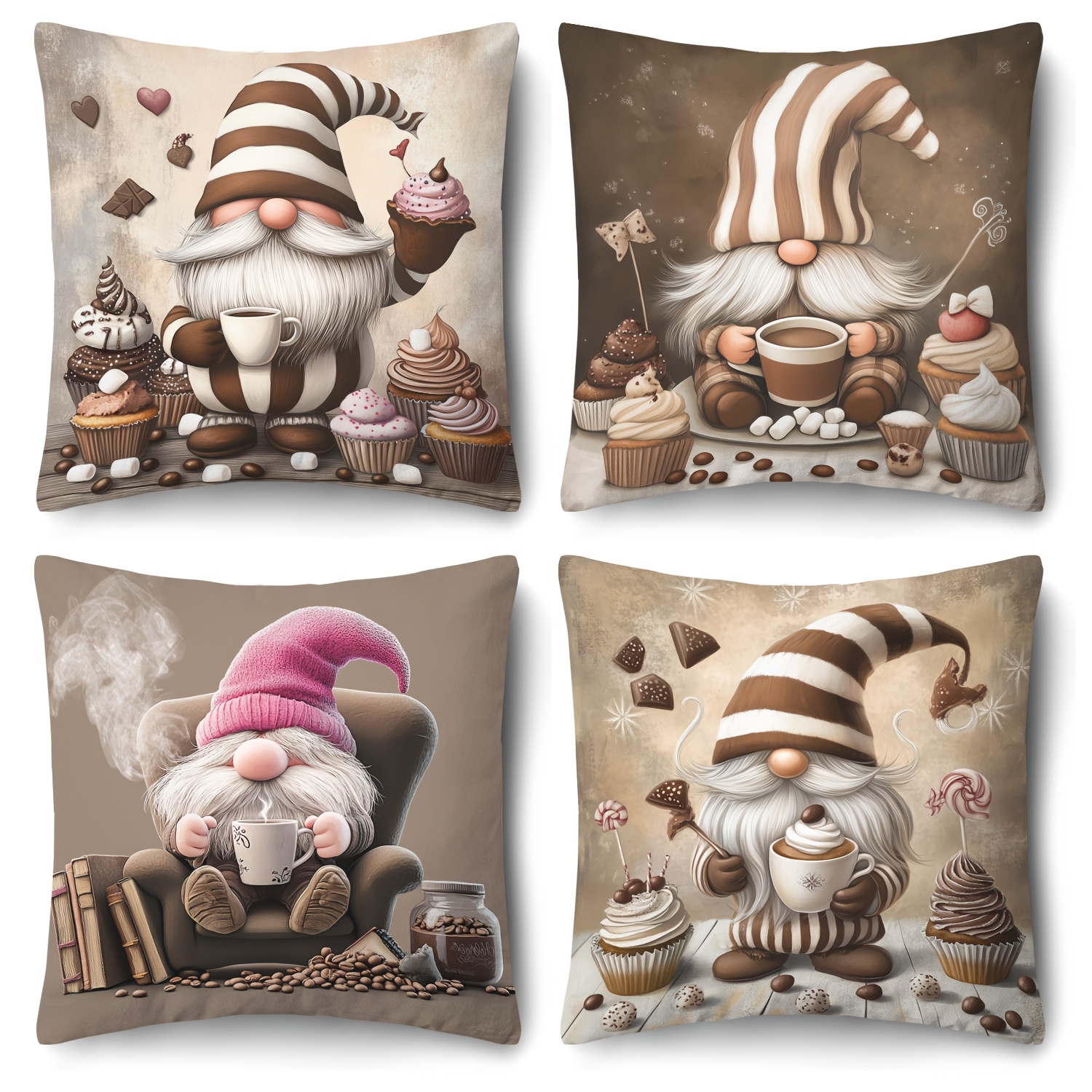 

4 Coffee Gnomes With Striped Hats Throw Pillow Covers, 18x18 Inches, Zipper Polyester Set, Suitable For Living Room, Office And Home Decoration - Holiday Sofa Embellishment, Pillow Insert Not Included