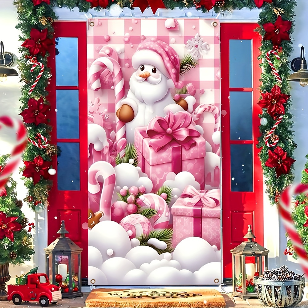 

Festive Christmas Door Banner: Winter Pink Santa Snowman Gift Boxes Snow Scene, 35.4" X 70.8", Multi-purpose, Polyester Fabric, No Electricity Required