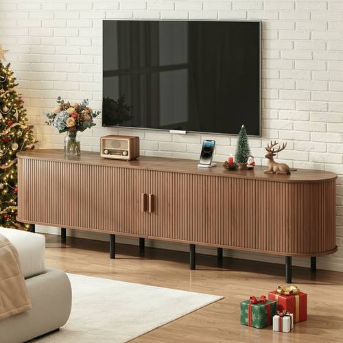 pazcasa wide 86 inch 70 8 inch 55 inch tv stand with power outlet for 90 inch tvs sturdy entertainment center with adjustable shelves sliding doors console for living room bedroom walnut