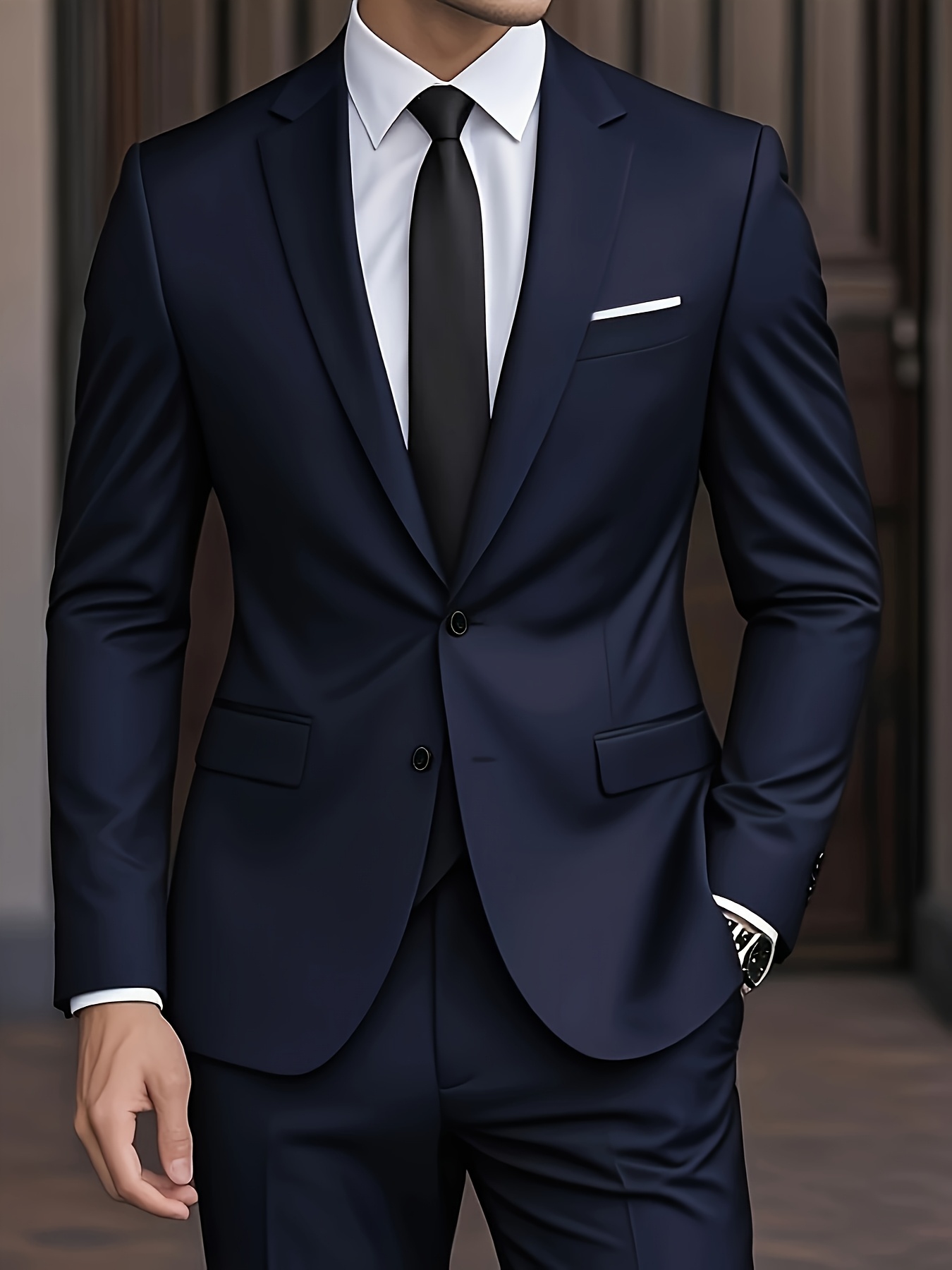 mens high quality fashionable solid color double breasted lapel cuff detail button decorated business casual 2pcs suit