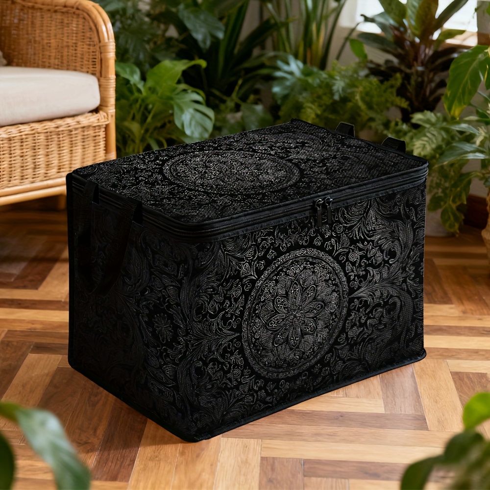 TEMU 1 Elegant Black Floral Patterned Storage Bin With A Lid For Organizing Your Home, Offered In Multiple Sizes. Perfect For Closet Storage, Laundry