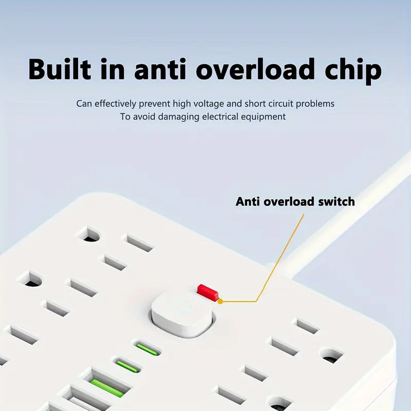 6 ft flat plug protector 11 multiple ac outlets with 6 usb 2 usb c 6 feet extension cord 1875w 15 touch switch button 17 in 1 compact with protector easy to carry suitable for home office and travel details 2