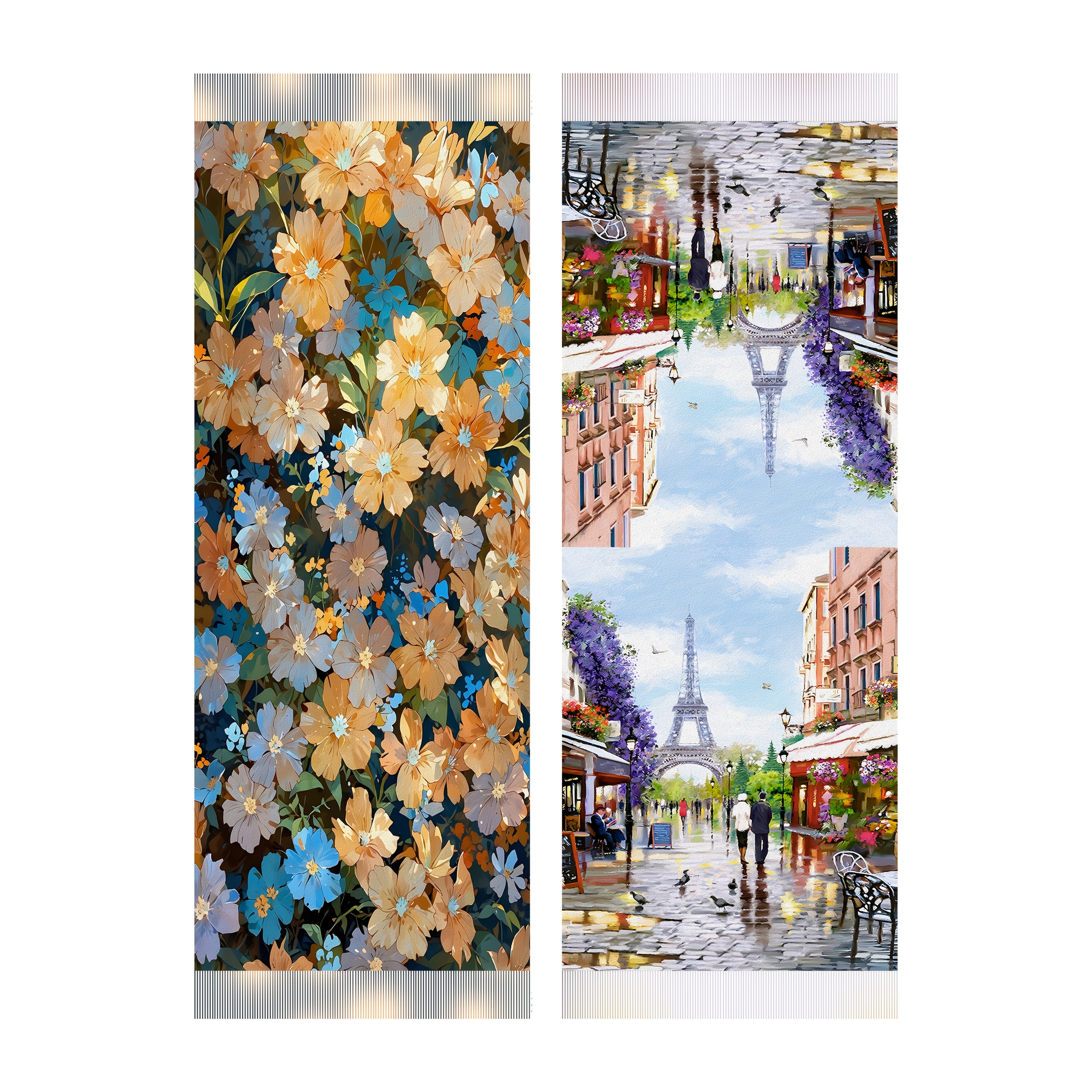 TEMU This Reversible Shawl Offers "double The ": Features A Warm Golden-blue Floral Cluster, Vibrant And With A Vintage ; Side Showcases A Parisian