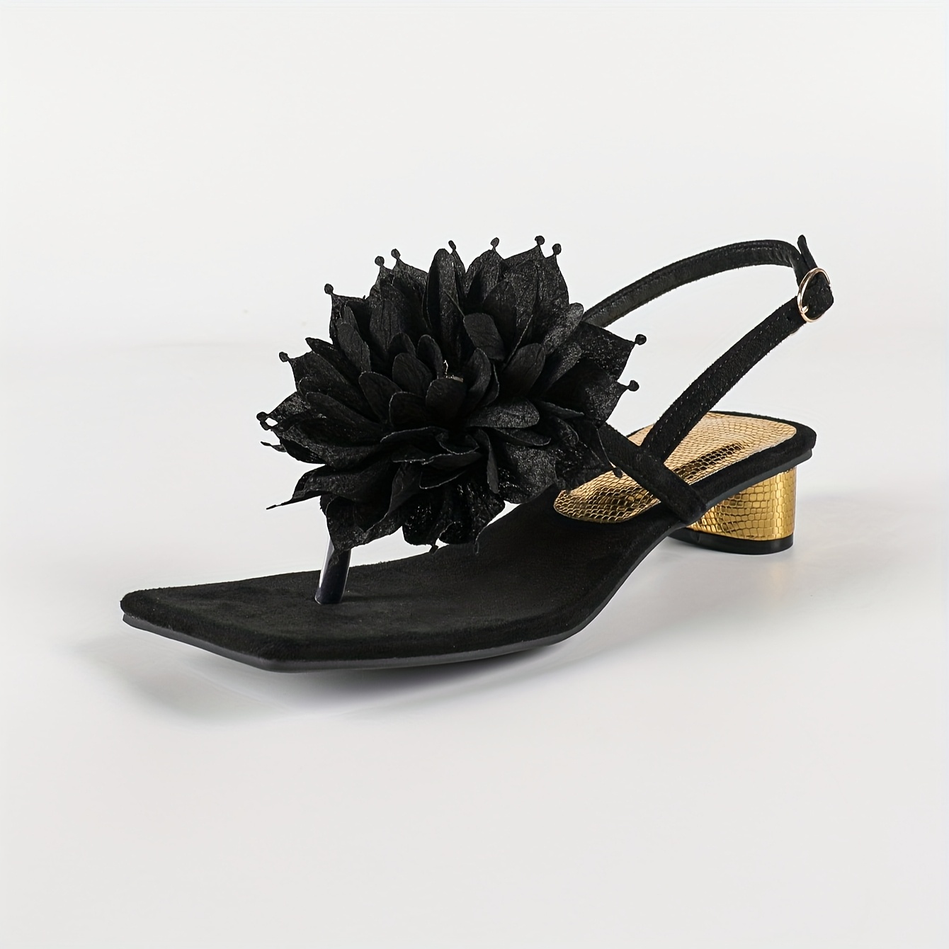 [Black Square-Toe Sandals] Women's Black Square-Toe Open Sandals - Chunky Metallic Heel, Synthetic Cover Platform Shoes for Parties, Formal Events, Everyday Outfits - Cushioned Insole & Non-Slip TPR Sole - Elegant Evening & Casual Footwear, Chunky Heel Sandals, Party Footwear, Accents