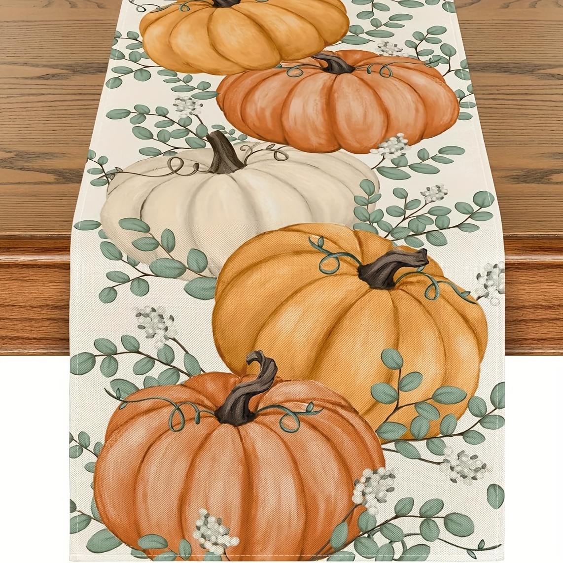 

Orange Pumpkins Eucalyptus Leaves Fall Table Runner, Autumn Thanksgiving Christmas Halloween Kitchen Dining Table Decoration For Home Party Decor, 4 Sizes Optional