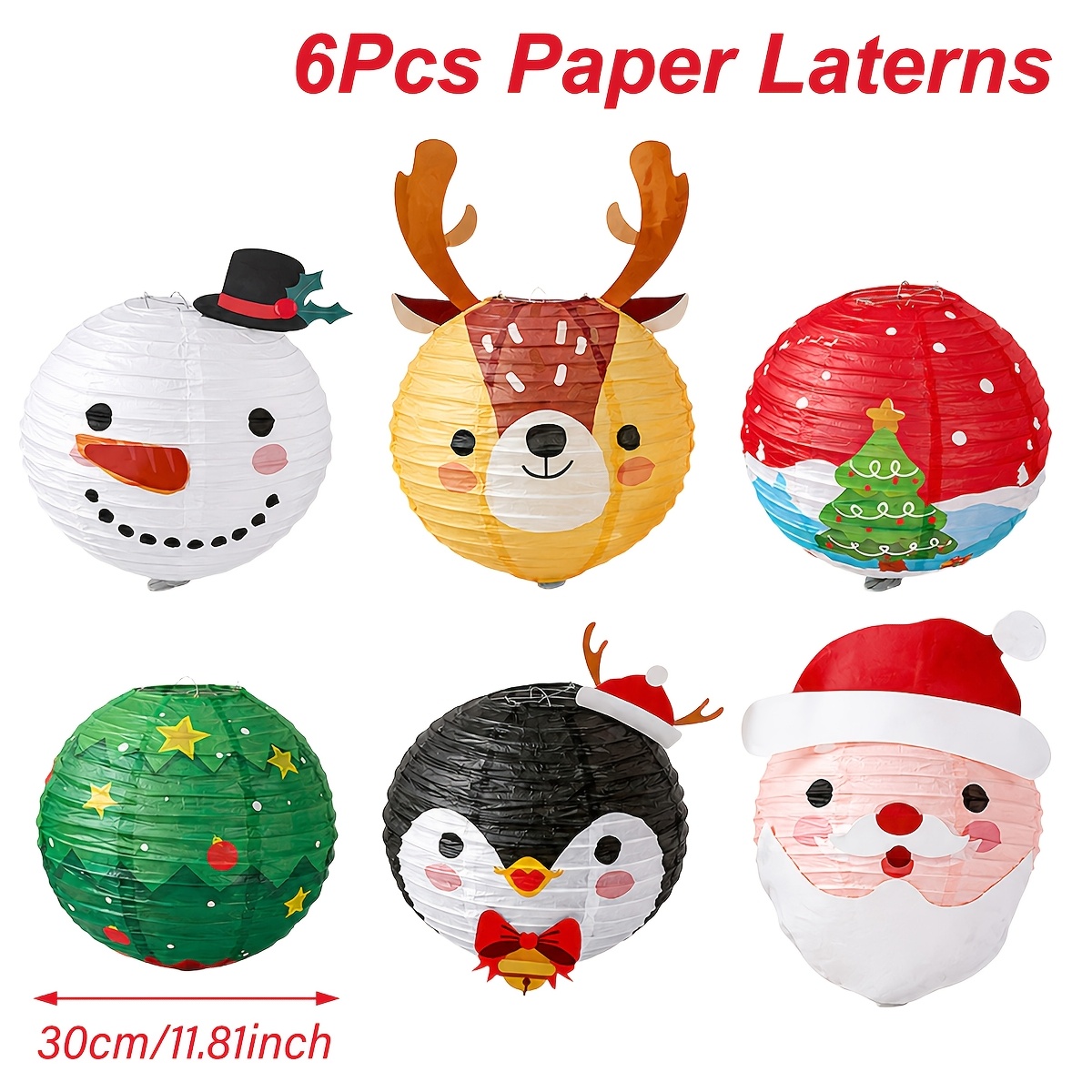 TEMU 6 piezas, Faroles de Papel, Faroles de Papel Navideños, Faroles Colgantes con Diseño de Papá Noel, y Reno, Navidad Decoración , Suministros para