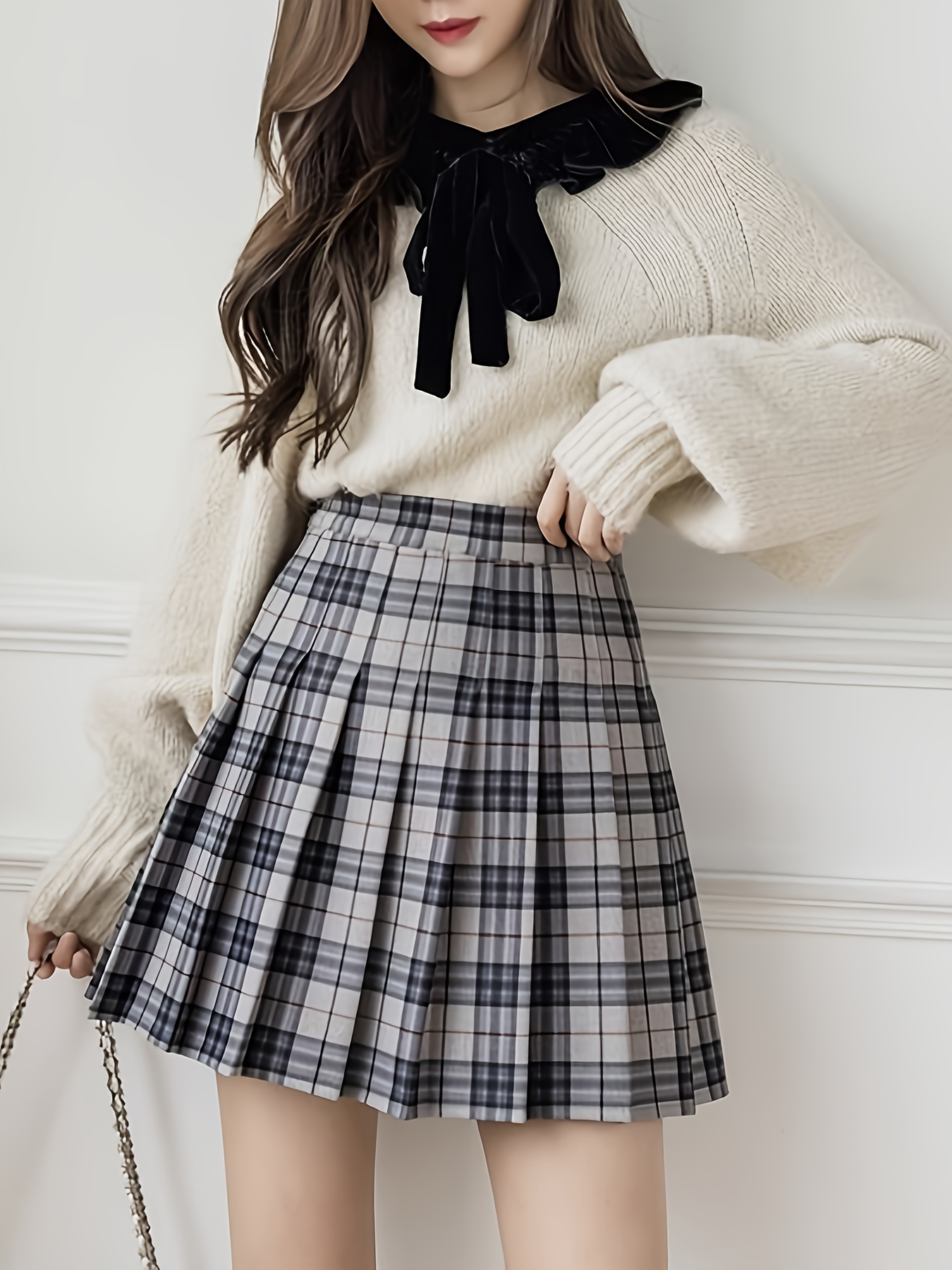 Women'S High-Waisted Tartan Pleated Skirt, Casual A-Line Polyester Mini  Skirt Spring/Summer Fashion, 100% Polyester, 99g/m² Woven Fabric