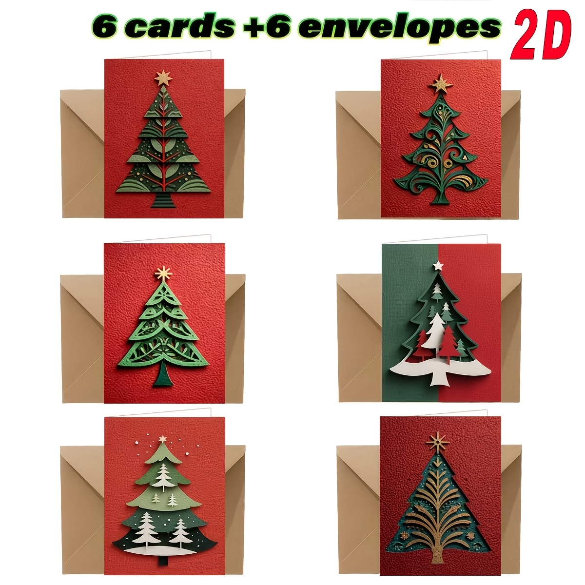 TEMU 6 ensembles avec enveloppes, sapin de Noël, , design rouge - Incluant des enveloppes, des vœux, des cartes de Noël pour , peuvent être utilisées