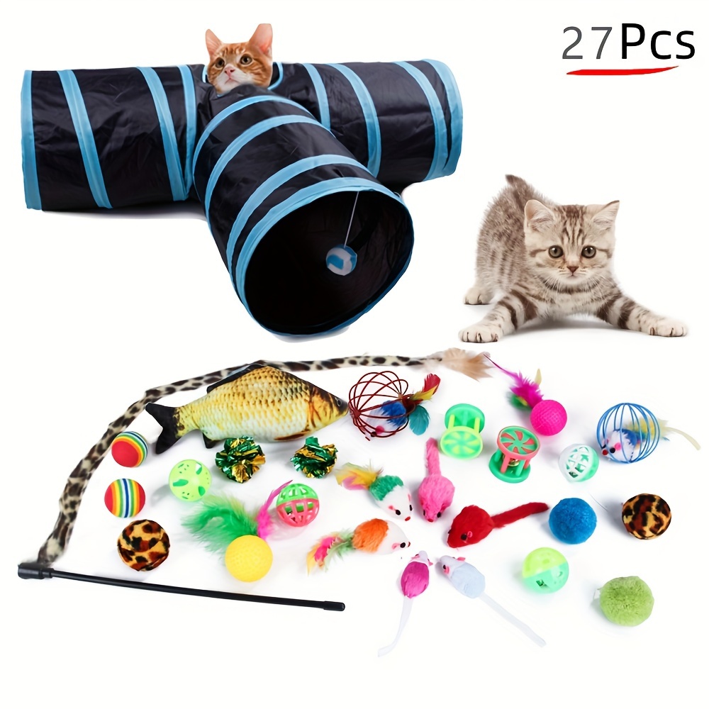 

12/15/21/22/27pcs Interactive Feather Cat Toy Set With Foldable Tunnels For Indoor Cats - Promotes Exercise And Playful Bonding Time