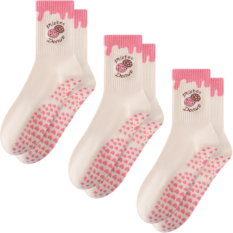 3 Pairs/Women'S Pilates Grip Socks, Yoga-Specific Anti-Slip Traction Socks, Cute Round-Neck Anti-Slip Sports Socks, Suit